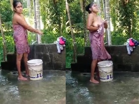 A girl takes a bath in the great outdoors