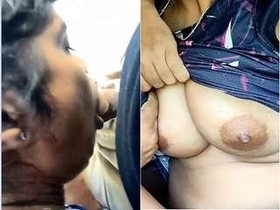 Desi babe gives a blowjob in a car and gets her breasts fondled